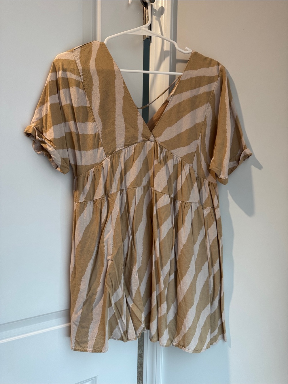 Mustard Seed Tan & Cream V-Neck Tiered Mini Dress